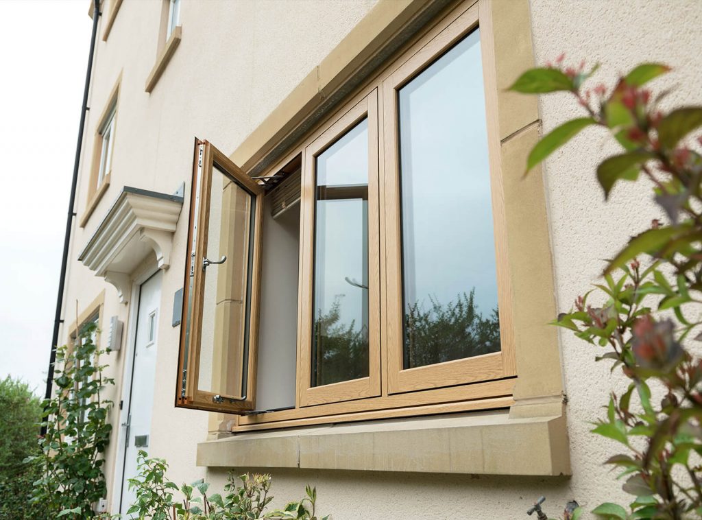 Open oak-effect flush sash window